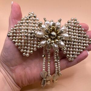 Vtg 80s Hair Bow Clip Beaded Faux Pearl Dangle WHITE & GOLD Barrette Wedding